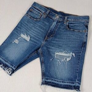 Levis 412 Shorts Mens 32 Blue Distressed Denim Cut Off Ripped Raw Hem Casual